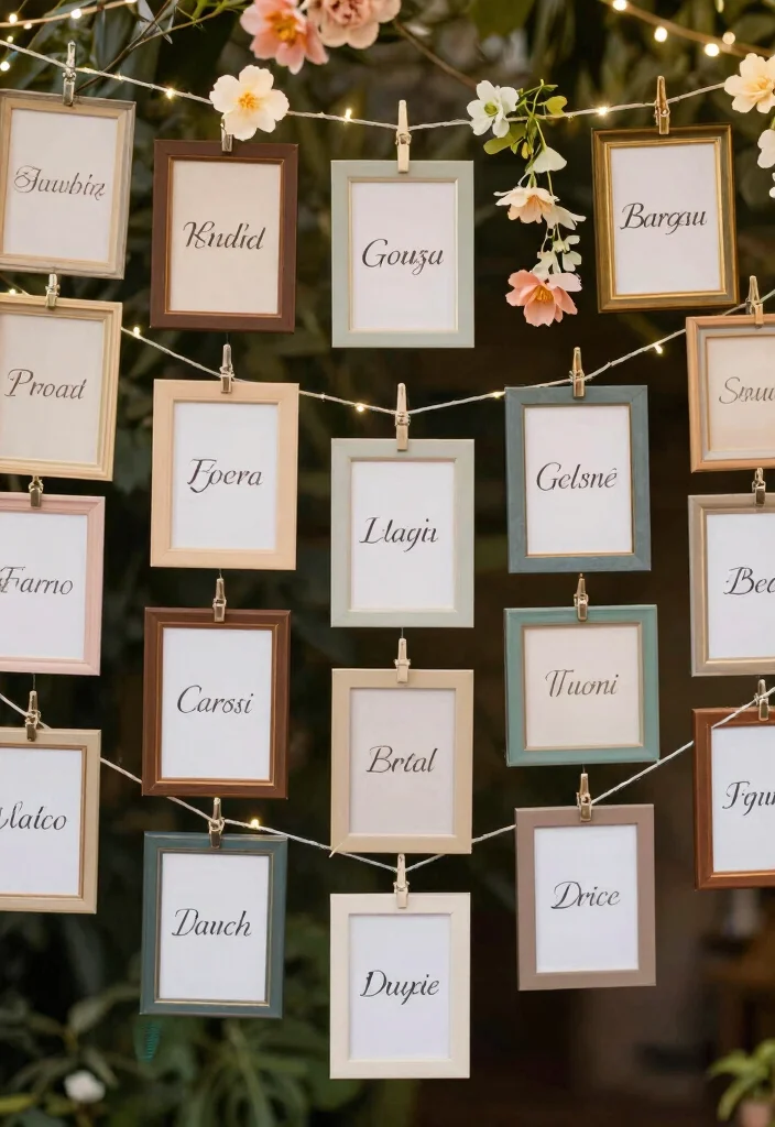 10 Bridal Shower Seating Chart Ideas That Are Clear and Stylish - 6. Hanging Frames Display 1