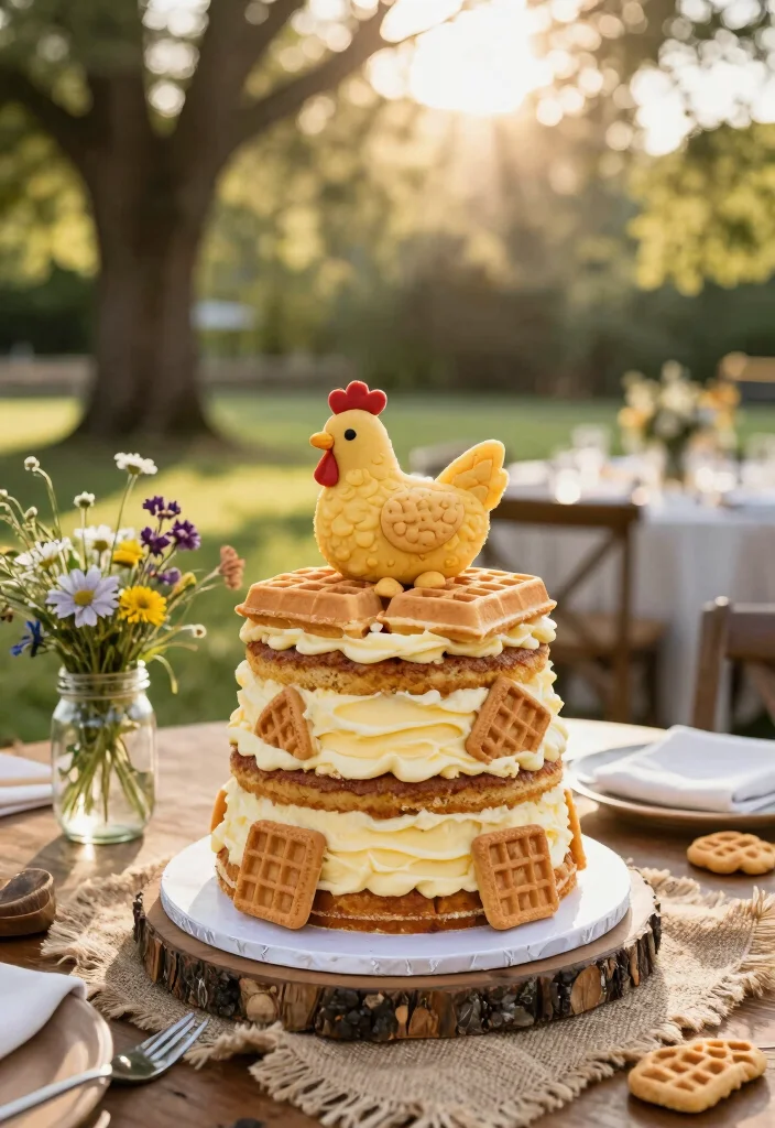 10 Chicken Cake Ideas That Are Fun, Quirky, and Party Worthy for Rustic Outdoor Weddings 1 10 Chicken Cake Ideas That Are Fun, Quirky, and Party Worthy for Rustic Outdoor Weddings - 1. Whimsical Chicken and Waffles Cake 1