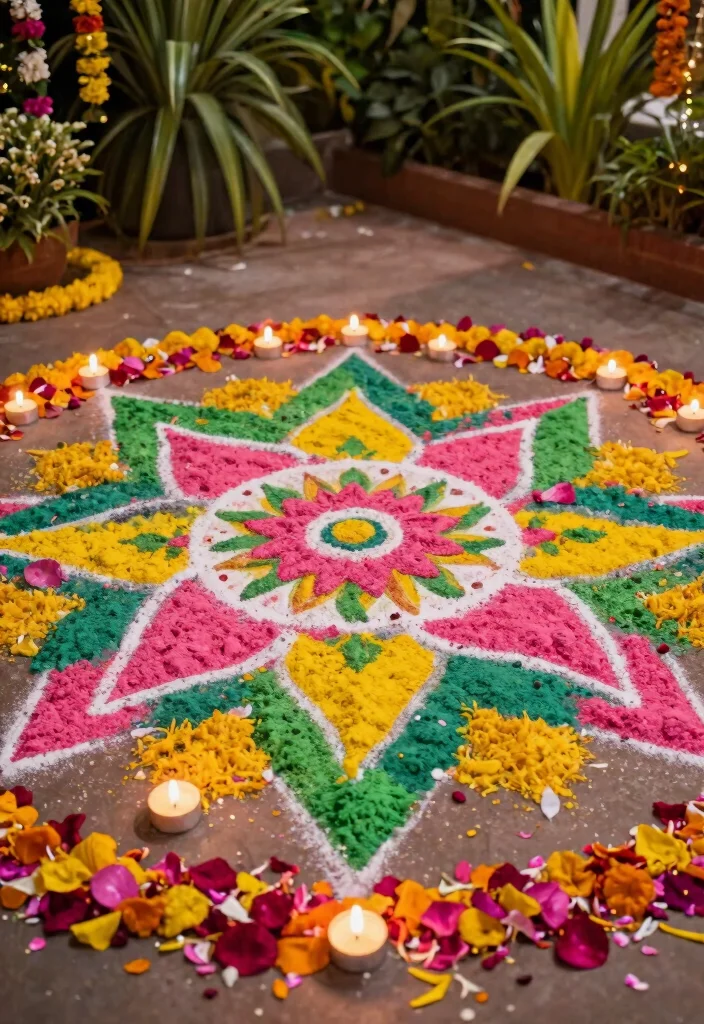 10 Dohale Jevan Decoration Ideas with Soft Traditional Details 56 10 Dohale Jevan Decoration Ideas with Soft Traditional Details - 6. Vibrant Rangoli Designs 1