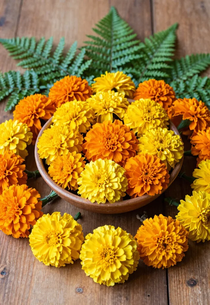 10 Haldi Bowl Decoration Ideas Using Flowers and Bright Colors - 1. Eco-Friendly Floral Arrangement with Marigolds 1