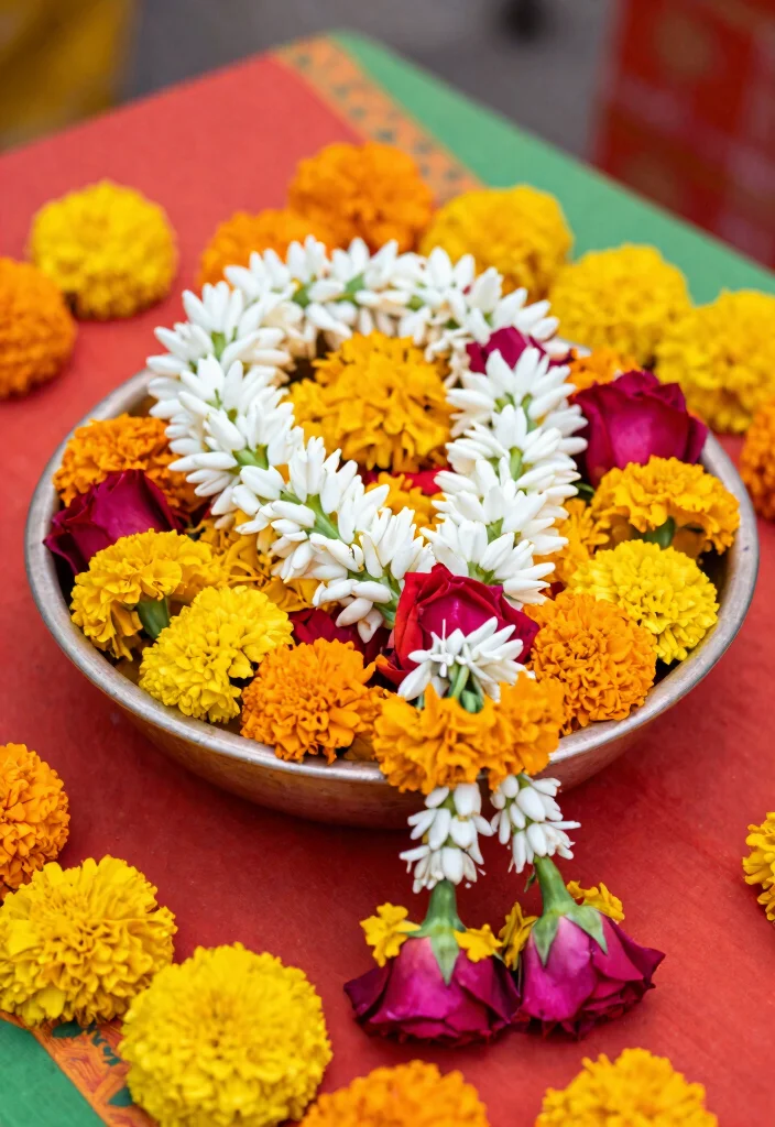 10 Haldi Bowl Decoration Ideas Using Flowers and Bright Colors - 10. Mixed Floral Garlands for Surrounding the Bowl 1