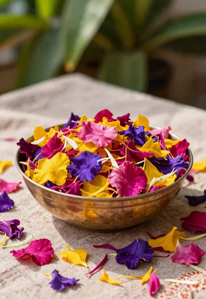 10 Haldi Bowl Decoration Ideas Using Flowers and Bright Colors - 2. Brightly Colored Petal Confetti 1