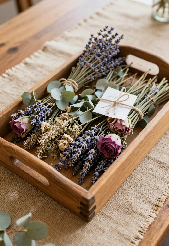 10 Wedding Tray Decoration Ideas That Look Elegant and Meaningful - 1. Rustic Wooden Tray with Dried Flowers 1
