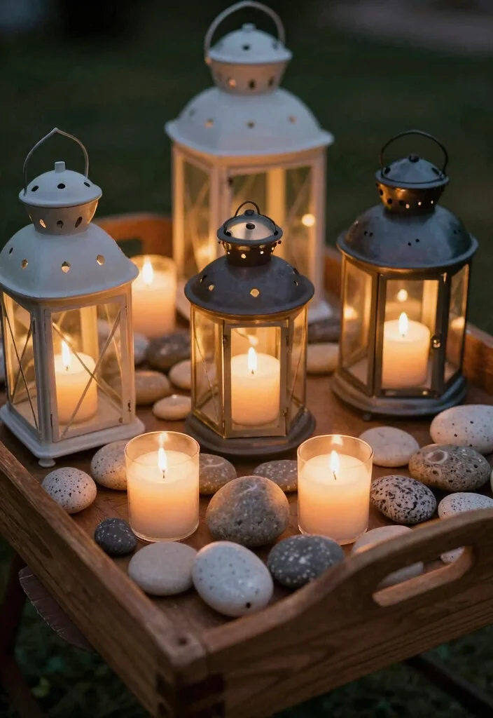 10 Wedding Tray Decoration Ideas That Look Elegant and Meaningful - 9. Lantern Tray with Candles and Stones 1