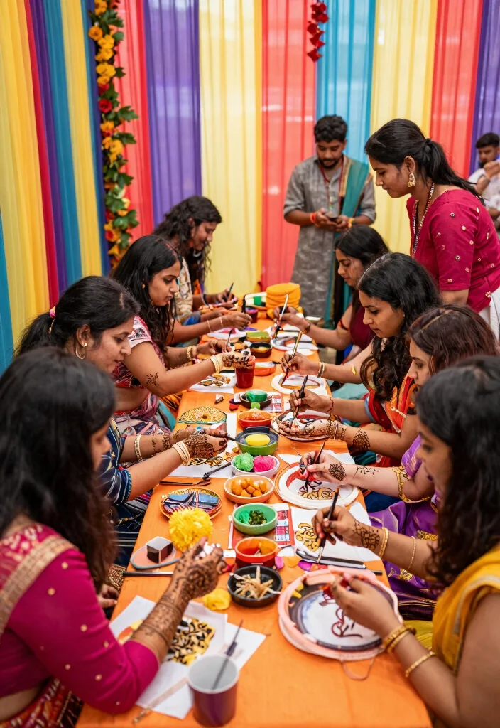 12 Haldi Mehendi Decoration Ideas for a Colorful Pre Wedding Setup - 10. Colorful Henna Stations 1