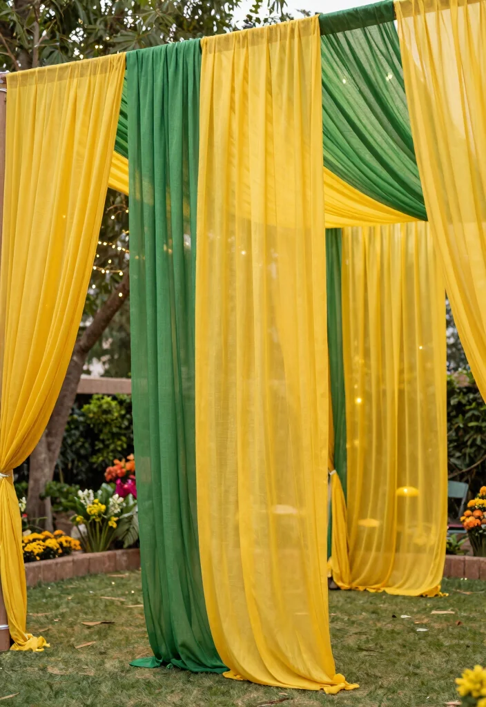 12 Haldi Mehendi Decoration Ideas for a Colorful Pre Wedding Setup - 4. Natural Fabric Drapes 1
