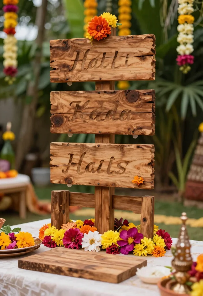12 Haldi Mehendi Decoration Ideas for a Colorful Pre Wedding Setup - 9. Rustic Wooden Decor 1
