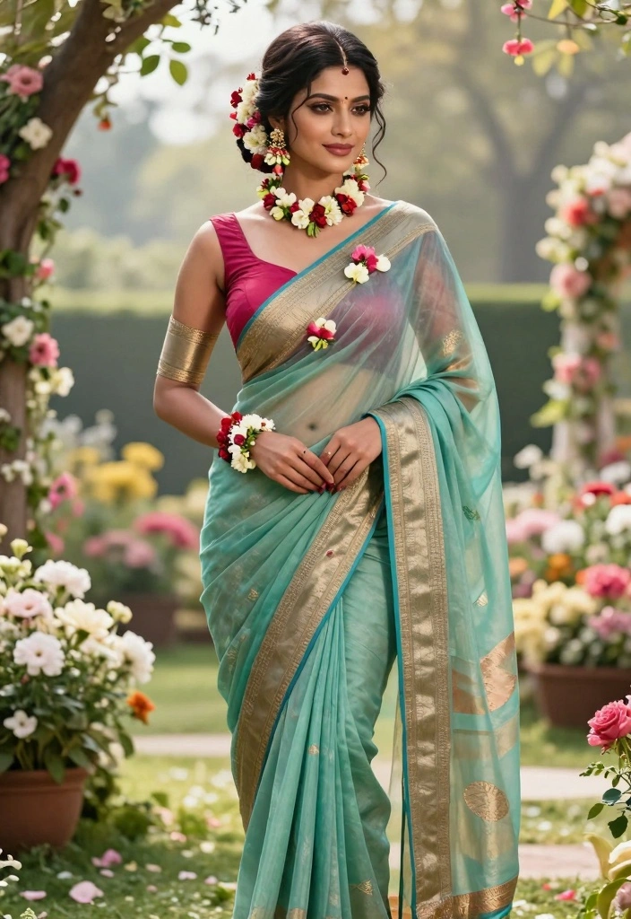 12 Saree Decoration Ideas with Elegant Traditional Styling - 3. Festive Saree Decoration with Flowers 1